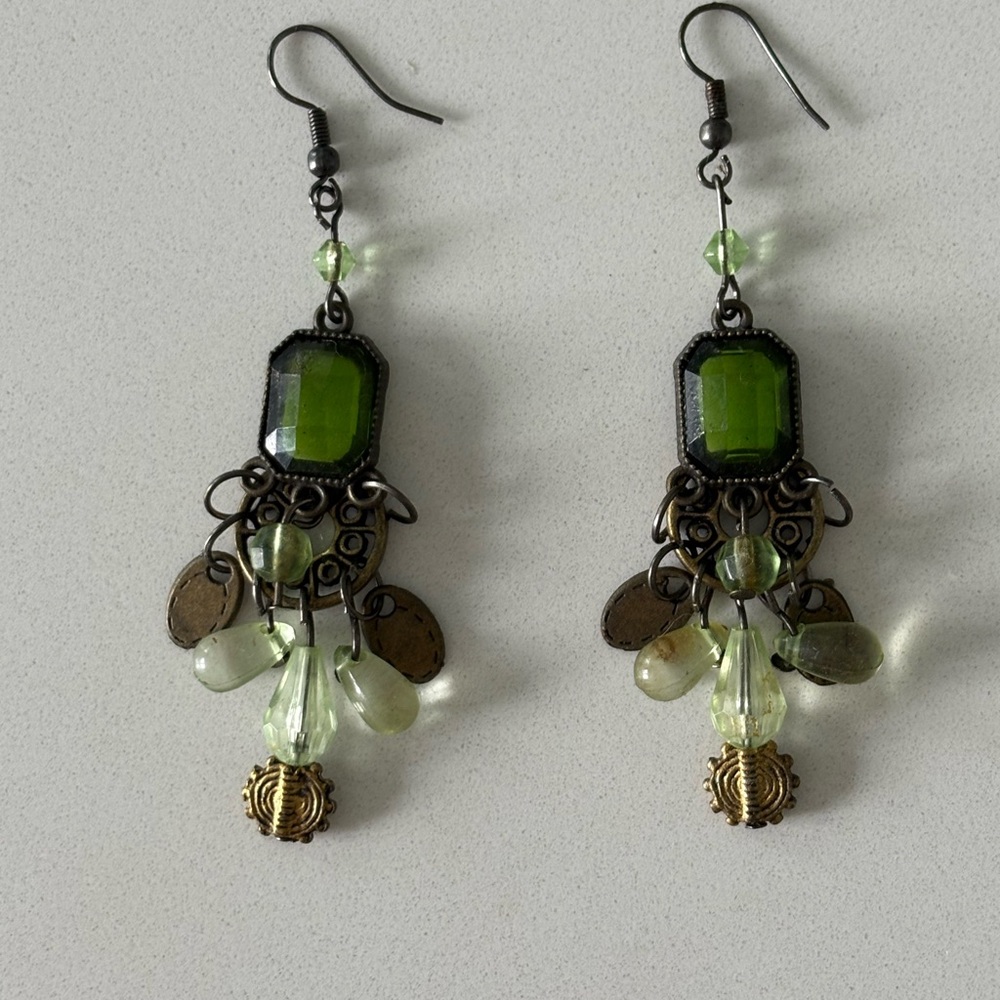 Elegant Green and Gold Dangle Earrings